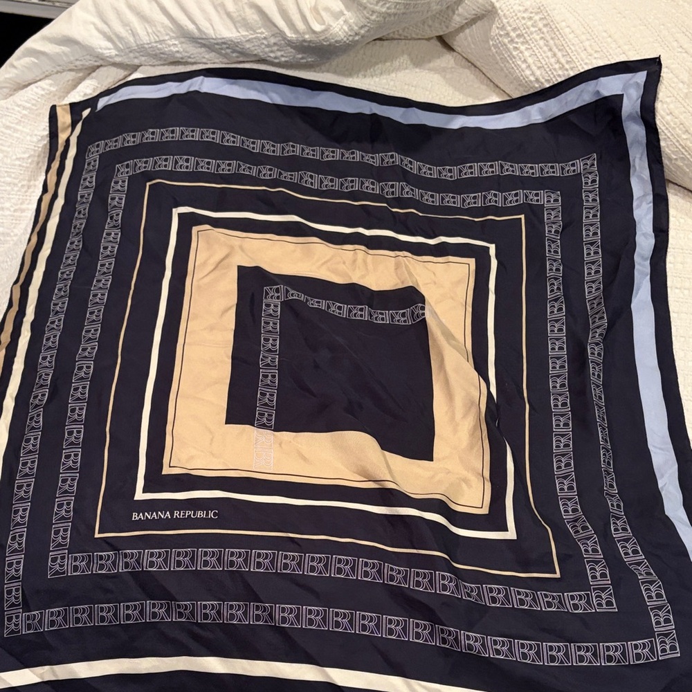 Banana Republic Navy, Beige & Light Blue Silk Logo-Trim Scarf